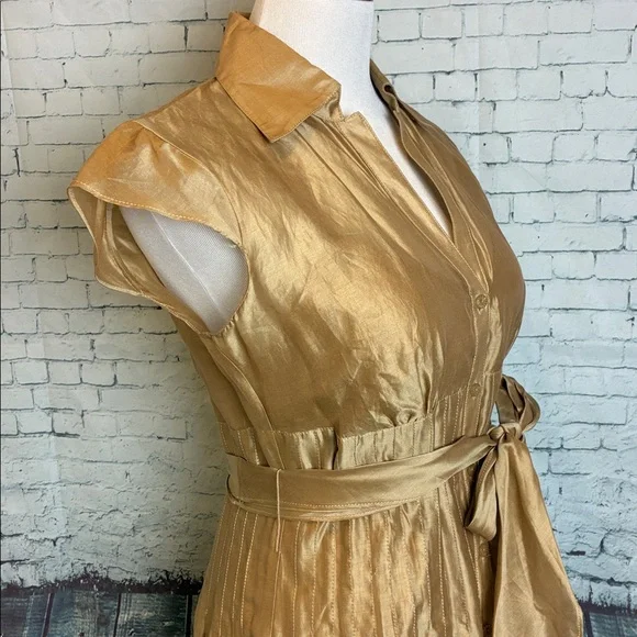 Kay Unger Gold Cap Sleeve Fit And Flare Silk Dress With Floral Hem Detail Size 8 - Picture 6 of 14